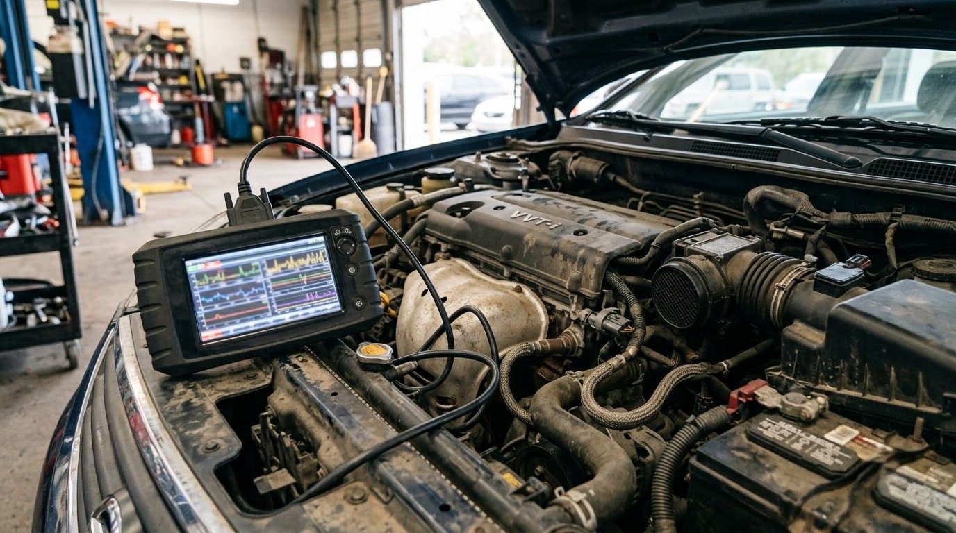 Car engine diagnostics with a laptop in a busy auto repair garage