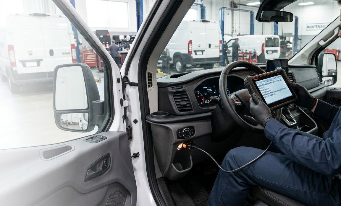 Hand holding a car diagnostic scanner with a blue screen and red buttons under the hood of an engine