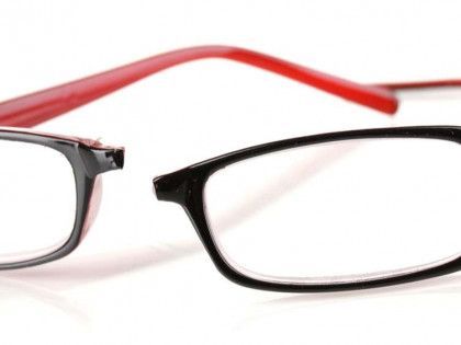 Black and red eyeglass frames on a white background