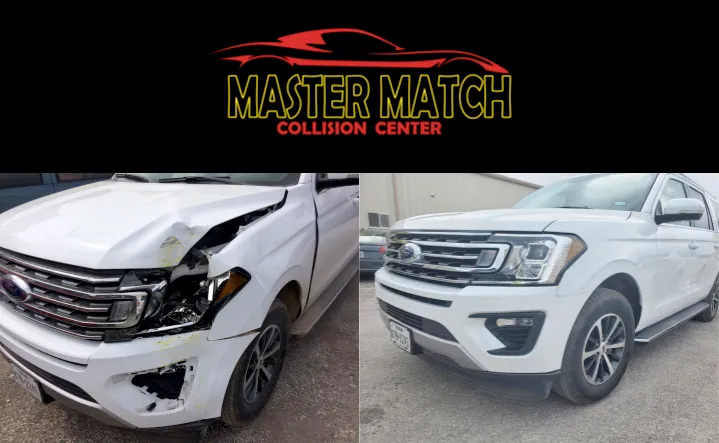 Before and after of a white Ford Expedition with front-end collision damage repaired by Master Match Collision Center.