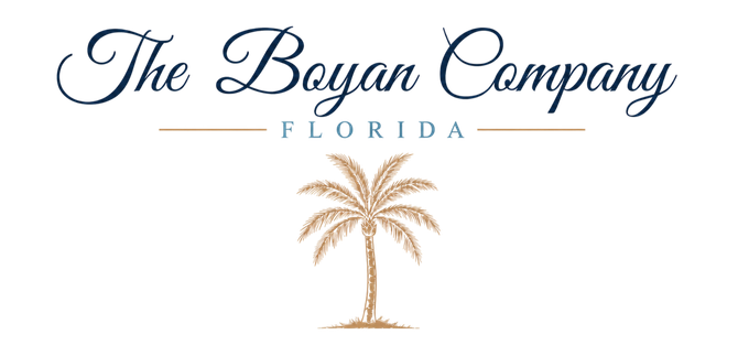 The Bowman Company Florida logo with a palm tree in navy and gold on white background