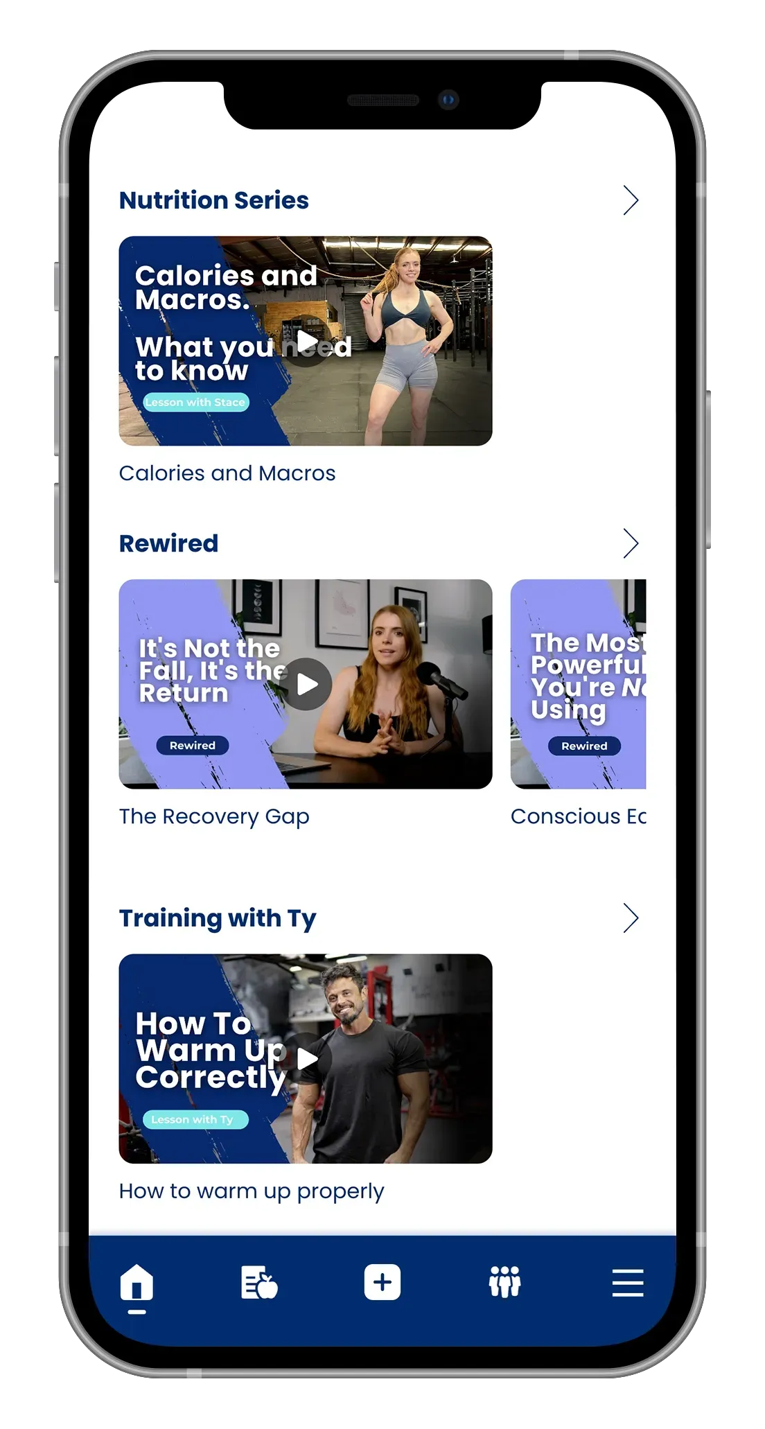 Smartphone app displaying fitness videos: workouts, training tips, and content.