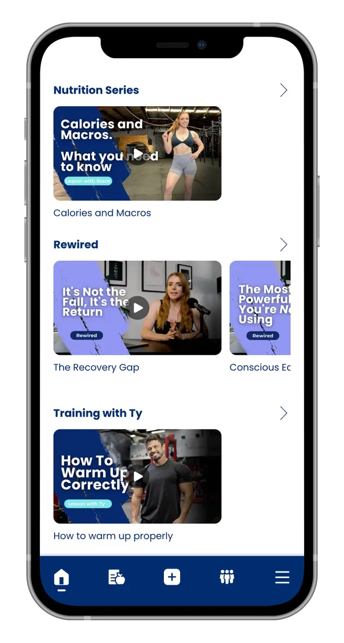 Smartphone app displaying fitness videos: workouts, training tips, and content.