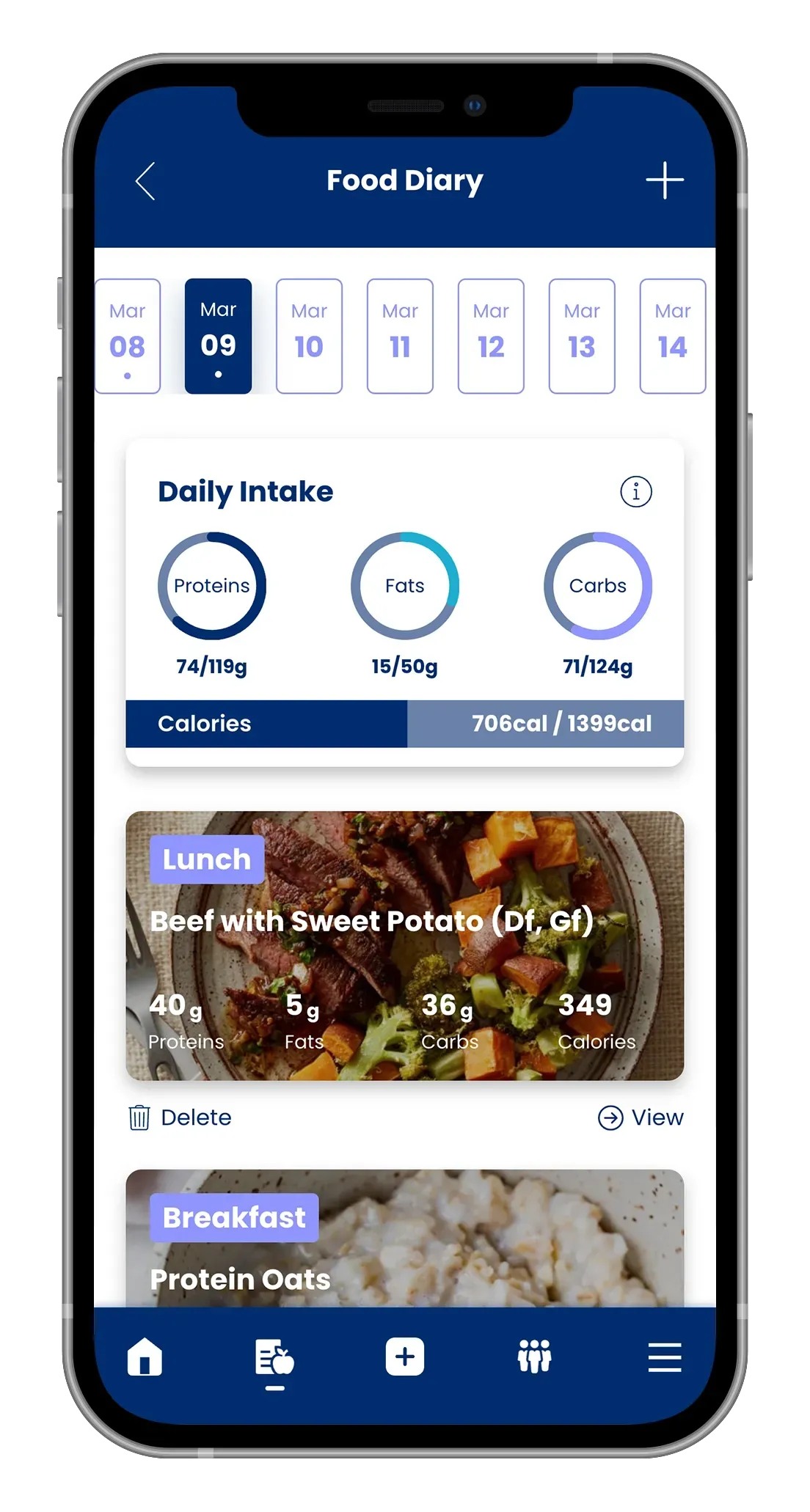 Smartphone app displaying a daily intake summary and meal logs, with navy blue and purple elements.