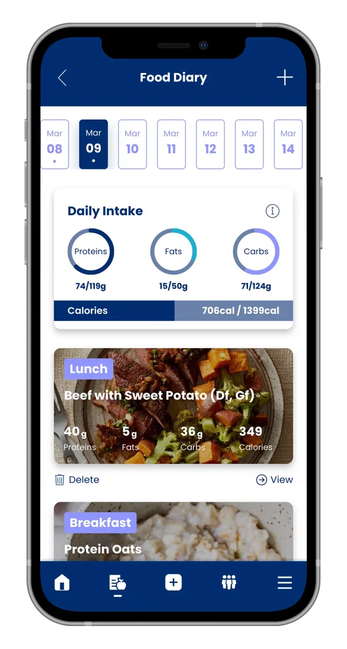 Smartphone app displaying a daily intake summary and meal logs, with navy blue and purple elements.