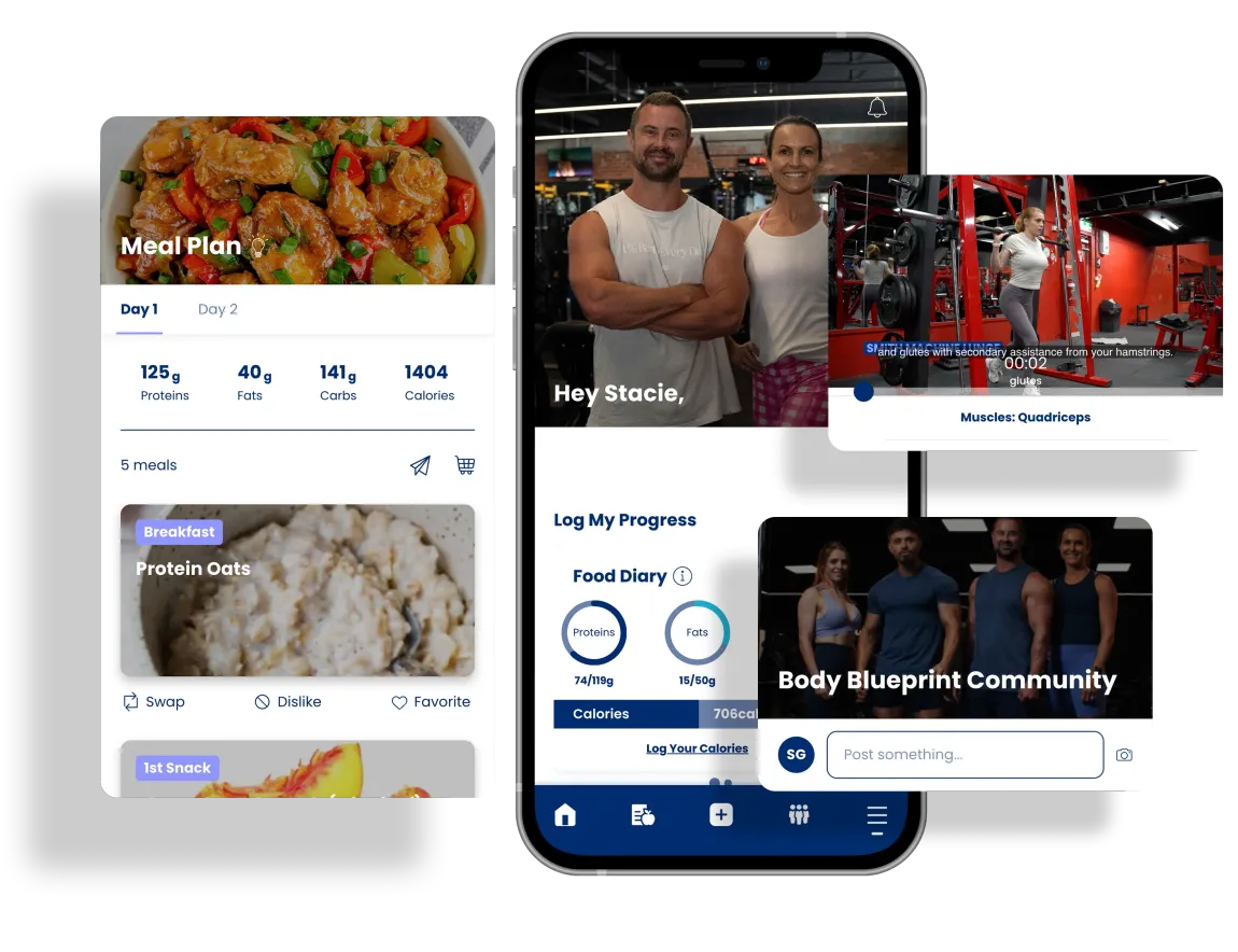 Screenshots of a fitness app, showing meal plans, workout videos, and community features.