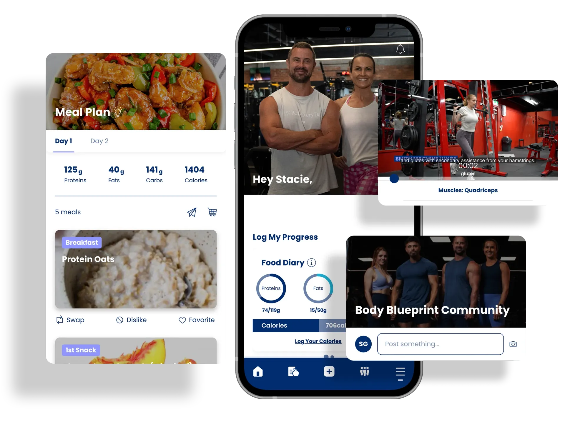 Screenshots of a fitness app, showing meal plans, workout videos, and community features.