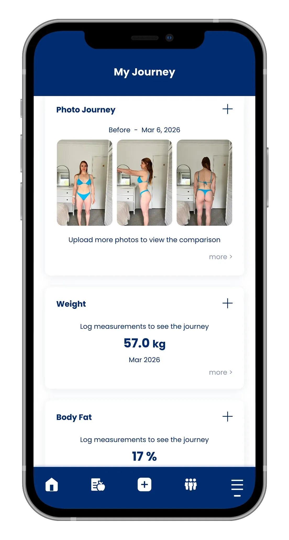 Mobile app showing before-and-after photos, weight (57.0kg), and body fat percentage (19%).
