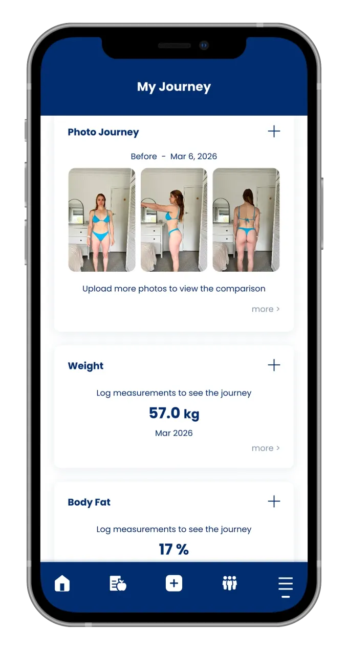Mobile app showing before-and-after photos, weight (57.0kg), and body fat percentage (19%).
