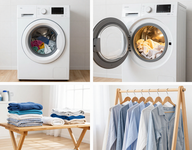 Laundry room collage: front-load washer with clothes, open washer, folded laundry, and shirts on a rack