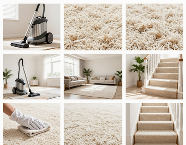 Collage of beige carpet cleaning, vacuuming, close-up textures, and carpeted stairs in a bright home