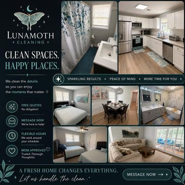 Lunamoth Cleaning flyer with white home interiors and the slogan “Clean spaces. Happy places.”