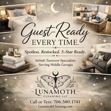 Guest-ready cleaning promo with bedrooms, baskets, moonlit beige-gray design, and contact info for Lunamoth Cleaning LLC