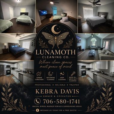 LunaMoth Cleaners promo collage of tidy bedrooms, kitchens, and living rooms with gold floral logo and contact info