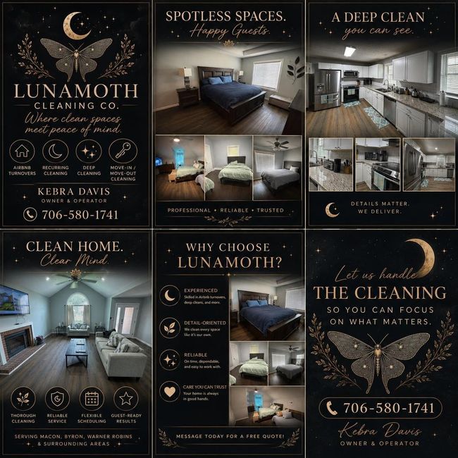 Lunamoth Cleaning LLC promo collage with dark gold branding and residential cleaning photos, phone number included