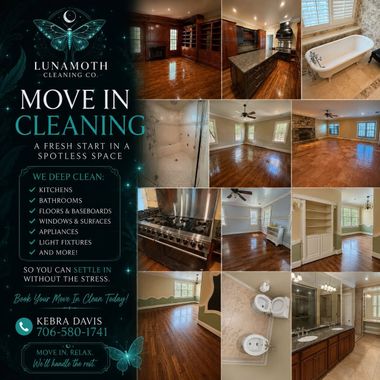 Move-in cleaning ad with white text on teal, alongside photos of a clean home interior and bathroom.