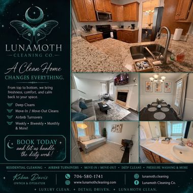 Luxury apartment rental flyer with teal branding and photos of kitchen, living room, bedroom, dining area, and bath