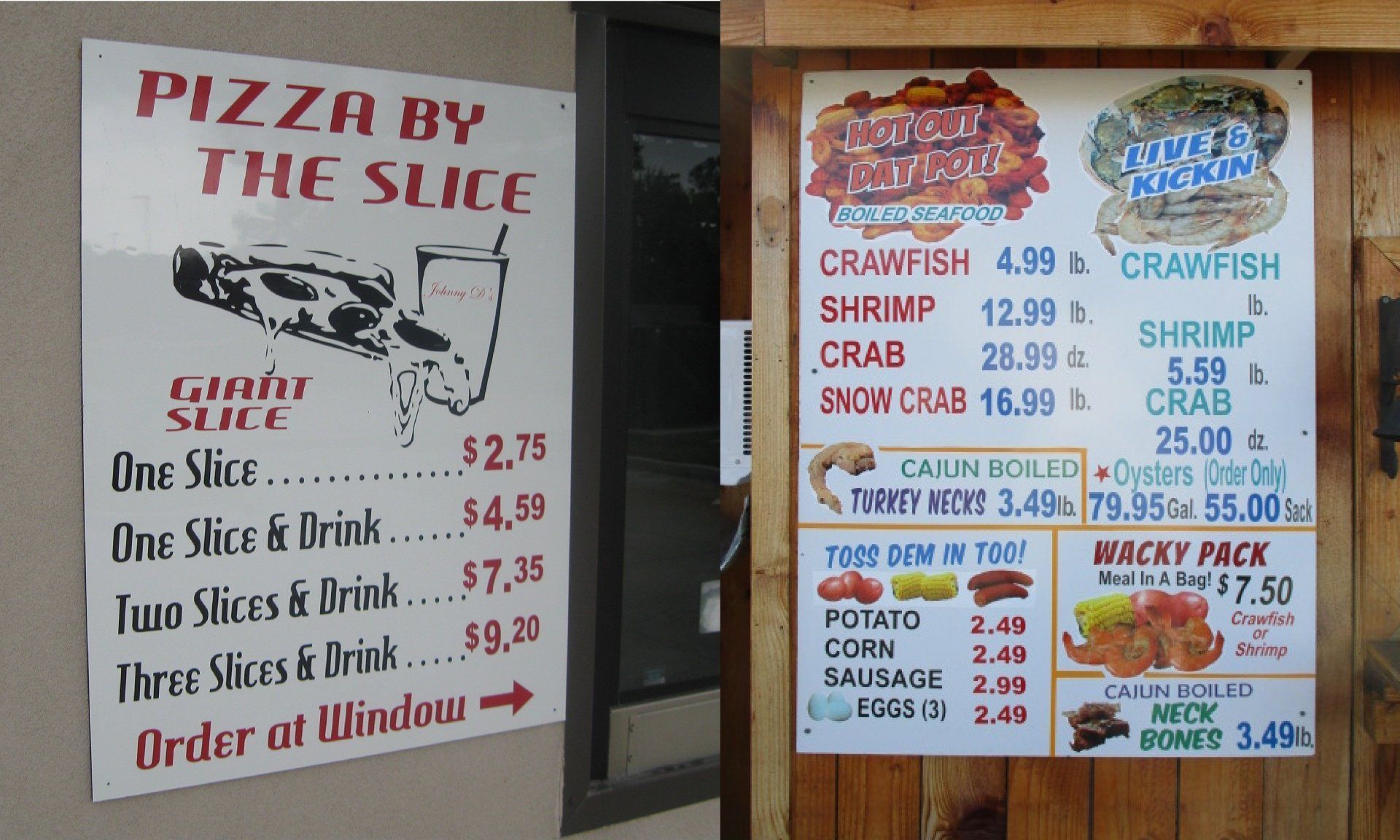 Two signs listing food items and prices. One advertises pizza by the slice. The other offers seafood boils with various crab and shrimp options.