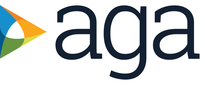 A logo for aga with a colorful triangle on a white background.