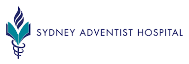 The logo for sydney adventist hospital shows a book and a caduceus.