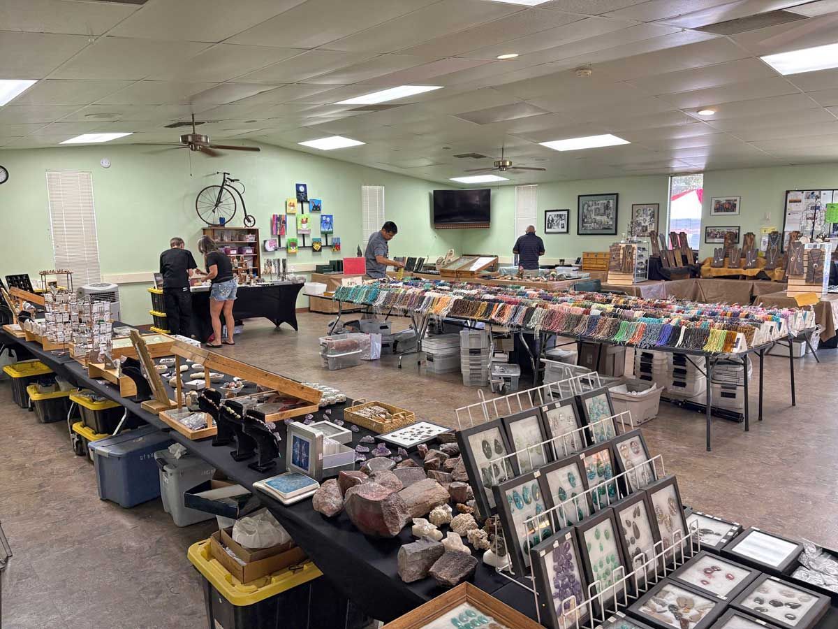 People browse tables filled with various rocks, minerals, and framed displays in a brightly lit community center room.