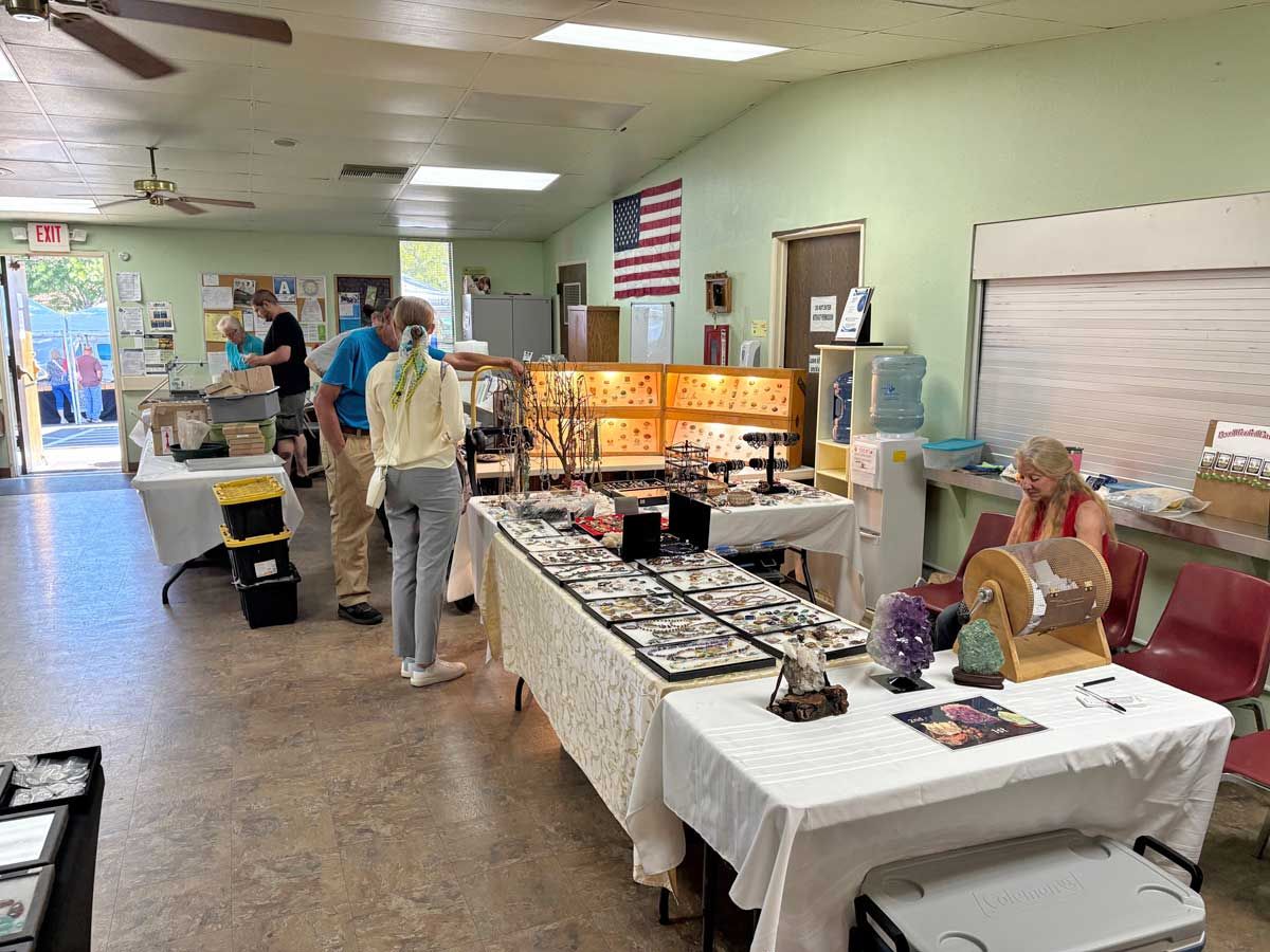 People browse tables displaying rocks and crystals at an indoor craft or trade show under a large American flag.