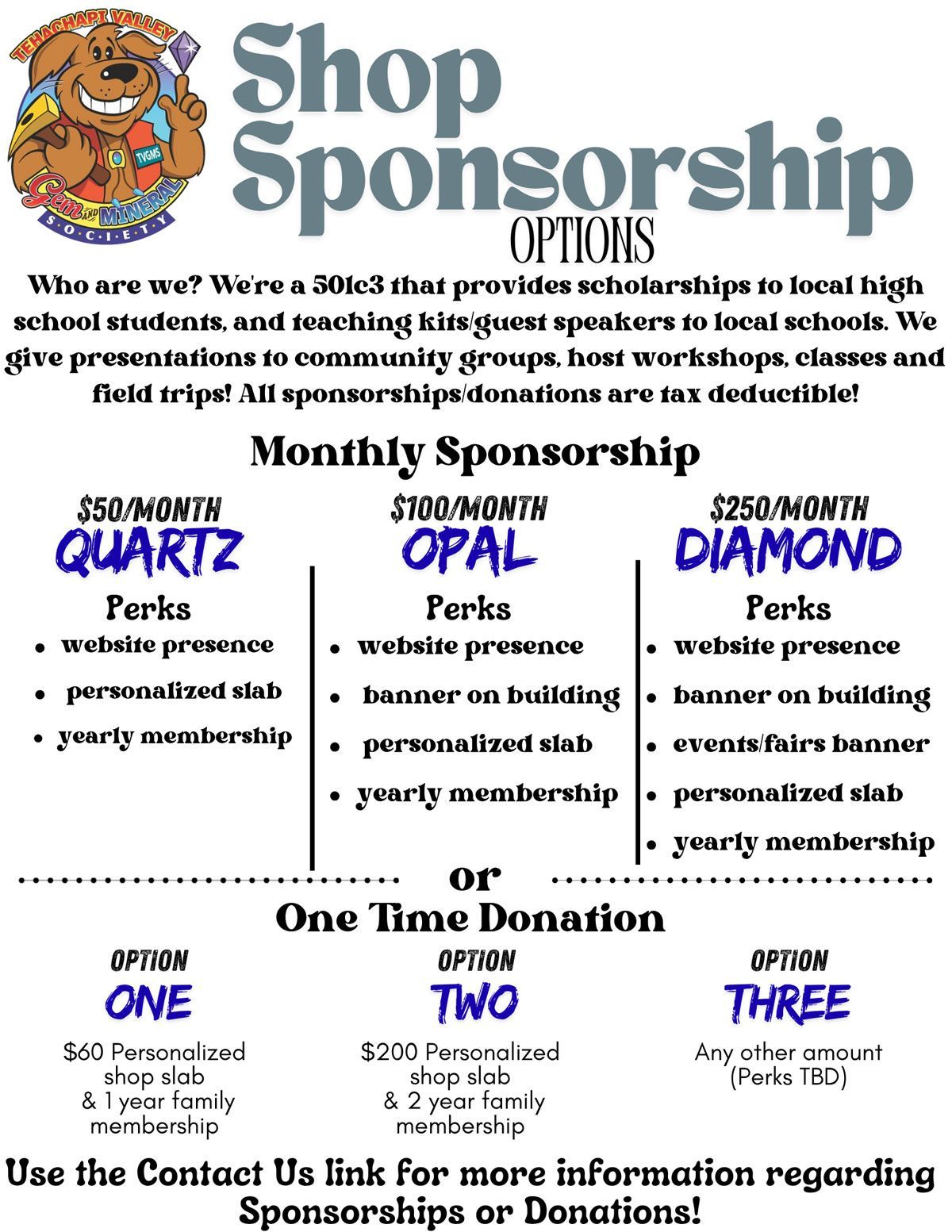 Shop Sponsorship Options flyer with Quartz, Opal, and Diamond tiers and contact details at the bottom