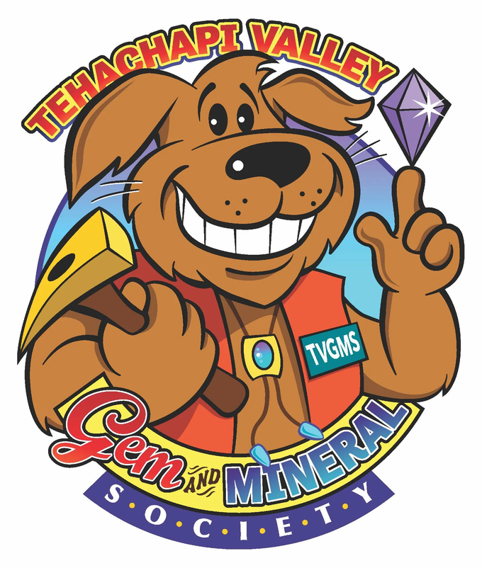Cartoon brown dog mascot holding a purple diamond, with “Tehachapi Valley Gem and Mineral Society” text.