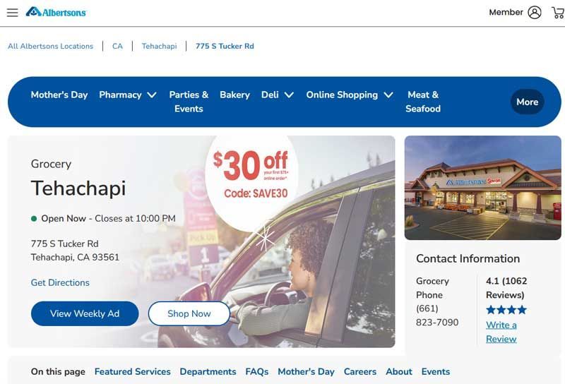 Grocery and teahouse webpage with $30 off promo, blue navigation bar, and contact information panel