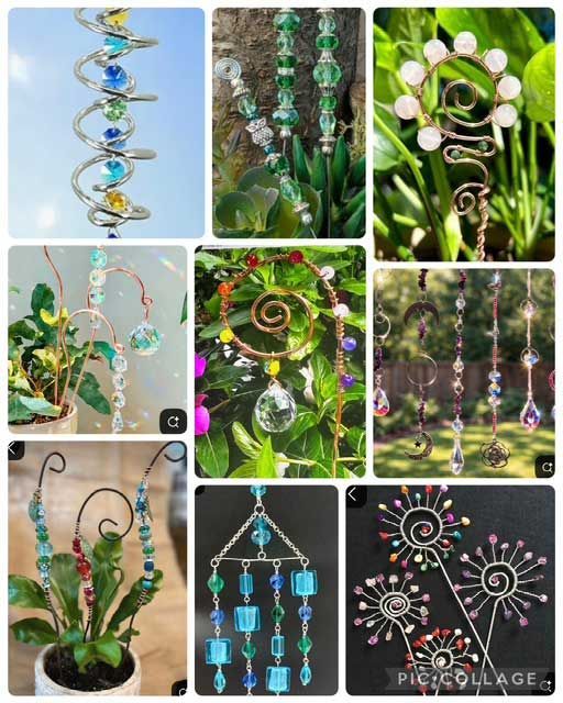 Collage of colorful beaded wire jewelry designs displayed on plants and stands