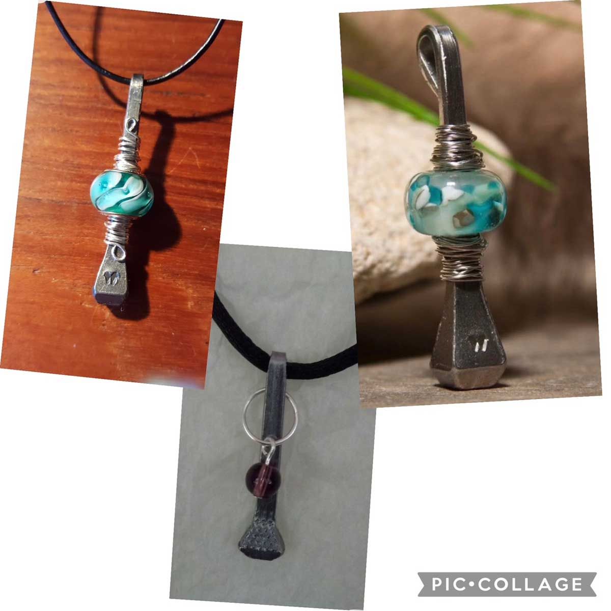 Three views of a silver pendant necklace with a turquoise bead and teardrop charm on different backgrounds