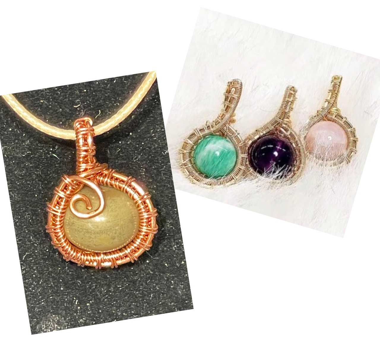 Wire-wrapped gemstone pendants: one amber and three green, purple, and pink on white and black backgrounds