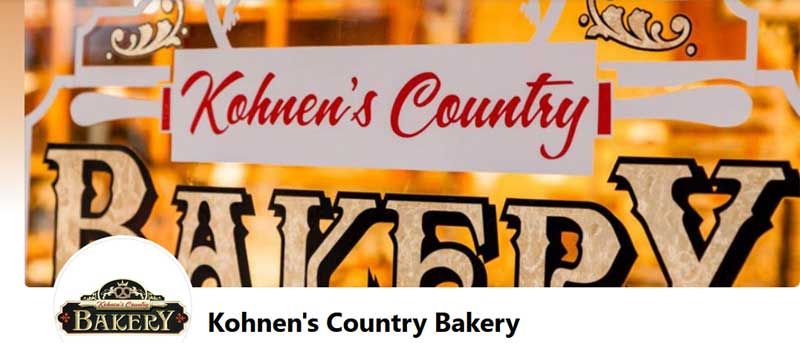 Kohen's Country Bakery sign with orange and white background and large 