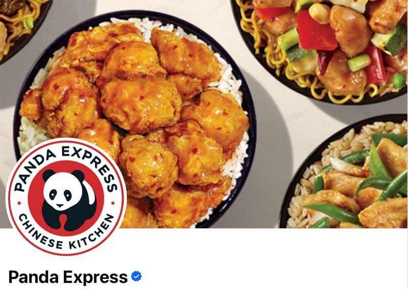 Panda Express logo with orange chicken and other Chinese dishes in bowls on a light background
