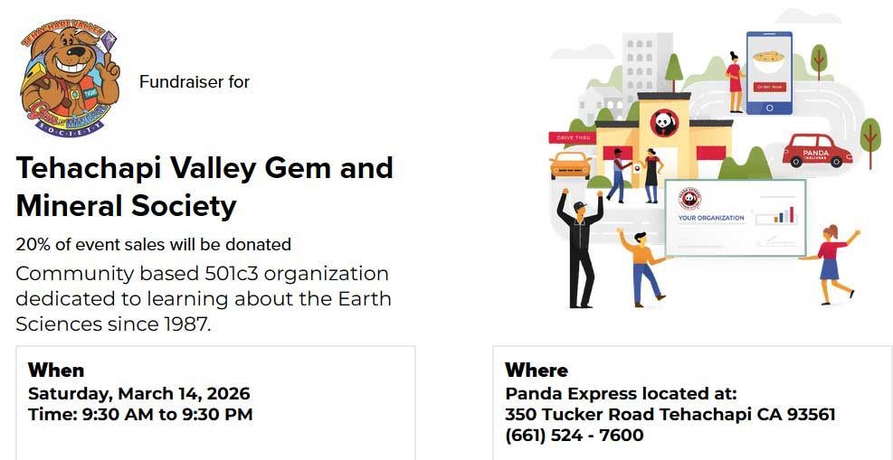 Tehachapi Valley Gem and Mineral Society event flyer with logo, event details, and sponsor illustration