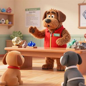 Reggie the Rockhound teaching a group of the TVGMS Pebble Pups about rocks and minerals.