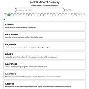 Rock and Mineral Glossary webpage with search bar and a list of mineral entries