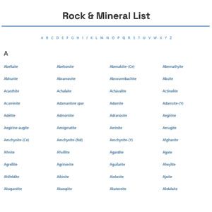Alphabetical “Rock & Mineral List” page with blue headings and four columns of mineral names.