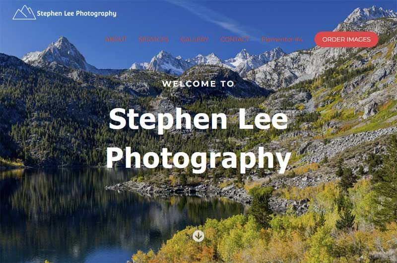 Homepage hero banner for Stephen Lee Photography over a mountain lake landscape