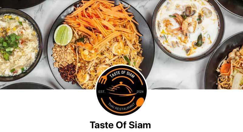 Taste of Siam restaurant banner with Thai dishes, logo, and black-and-orange branding