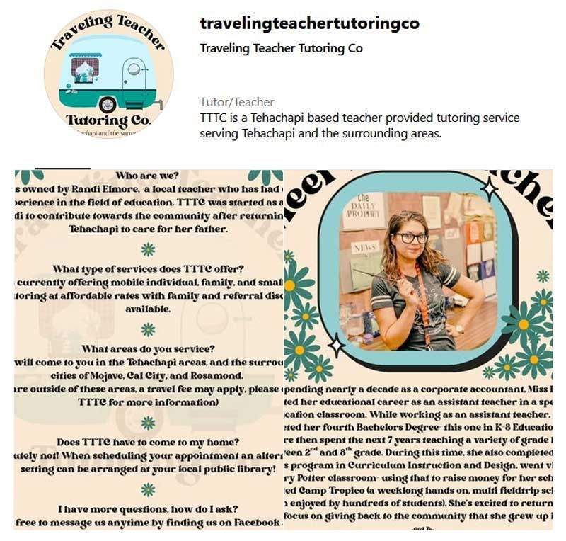 Traveling Teach Totoring Co logo and intro graphic with teacher portrait, pastel circles, and service text
