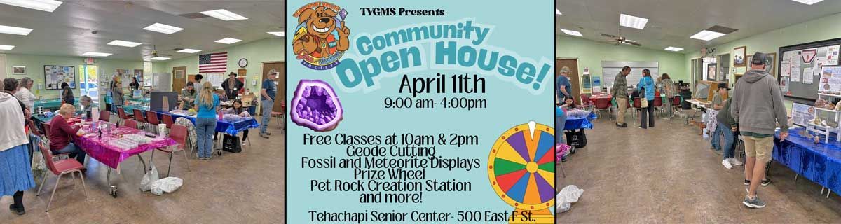Community open house in a bright room, with tables, people browsing, and a colorful event poster.