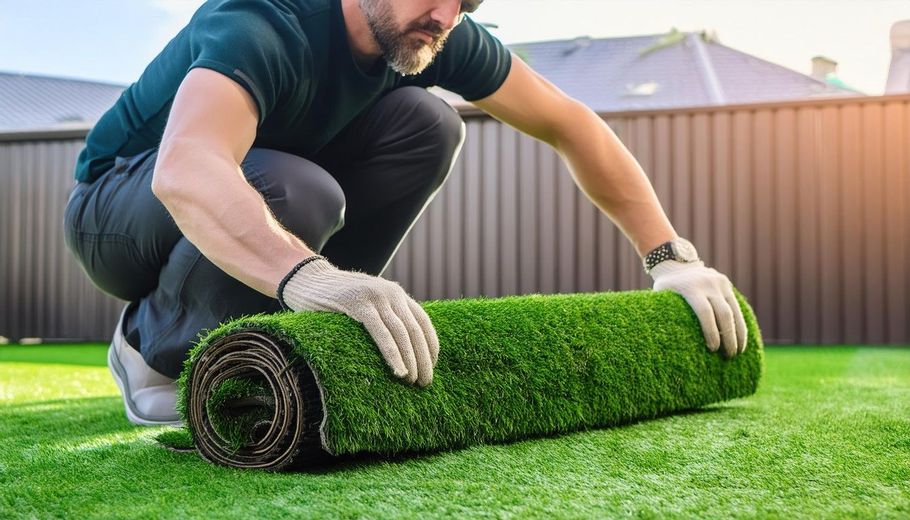 Man rolling out green artificial turf in a backyard with gloved hands