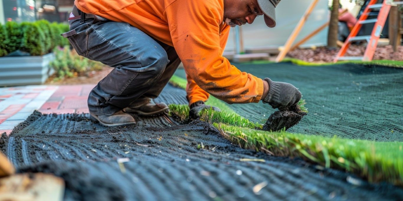Worker in orange jacket laying green sod on a garden bed with a shovel nearby