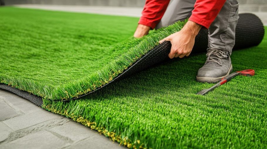 Worker rolling out green artificial turf on a paved surface