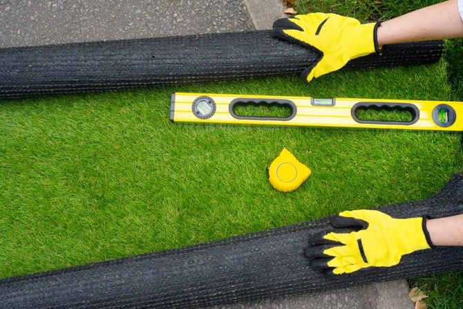 Hands measuring rolled artificial turf with a yellow spirit level and tape measure outdoors.