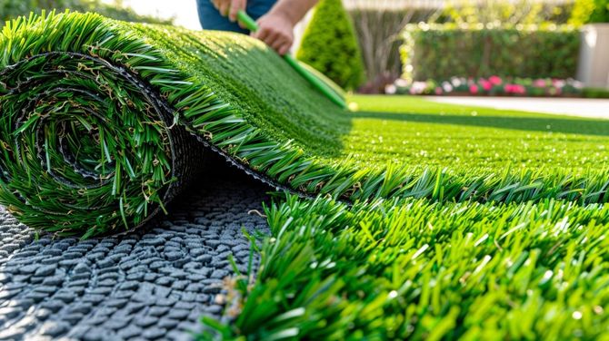 Rolled artificial grass being unrolled on a patio by a garden path