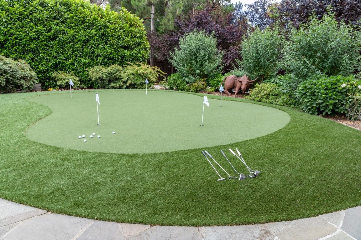 Small backyard putting green with several golf balls and putters, surrounded by shrubs and trees