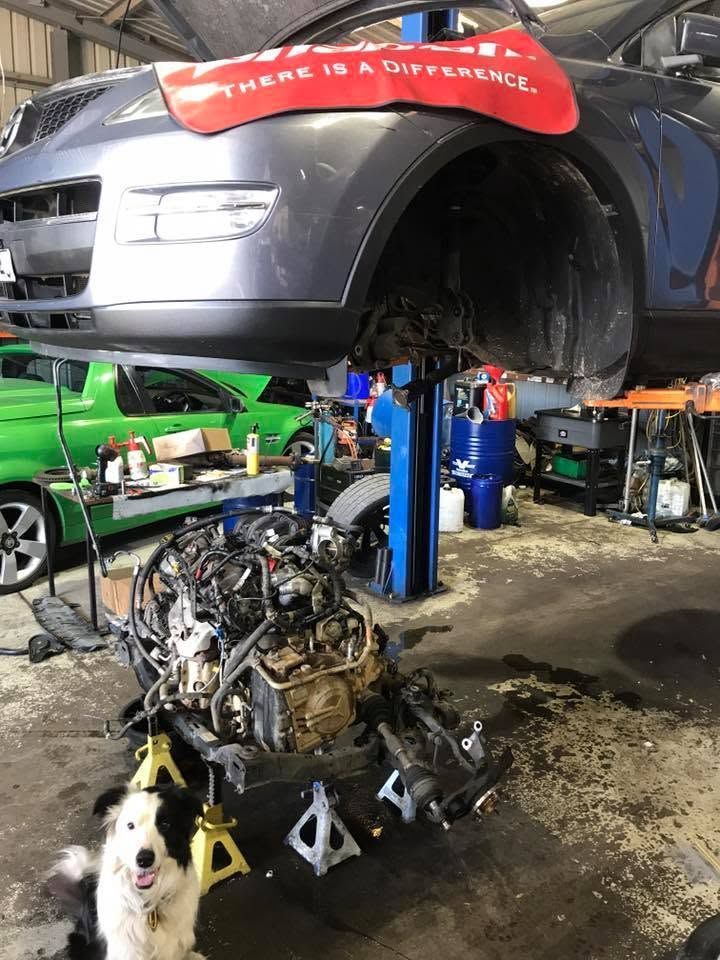 Car raised on lift in auto shop with engine removed; mechanic nearby and dog in foreground
