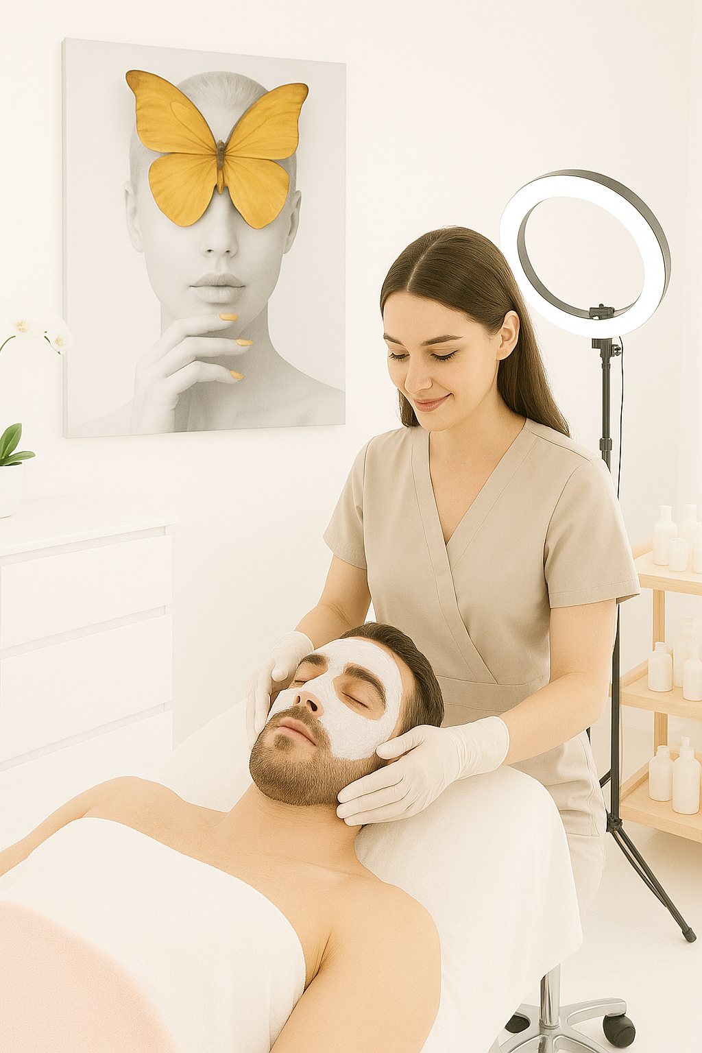 Woman in gloves applies a facial mask to a man at a spa, butterfly art in background.
